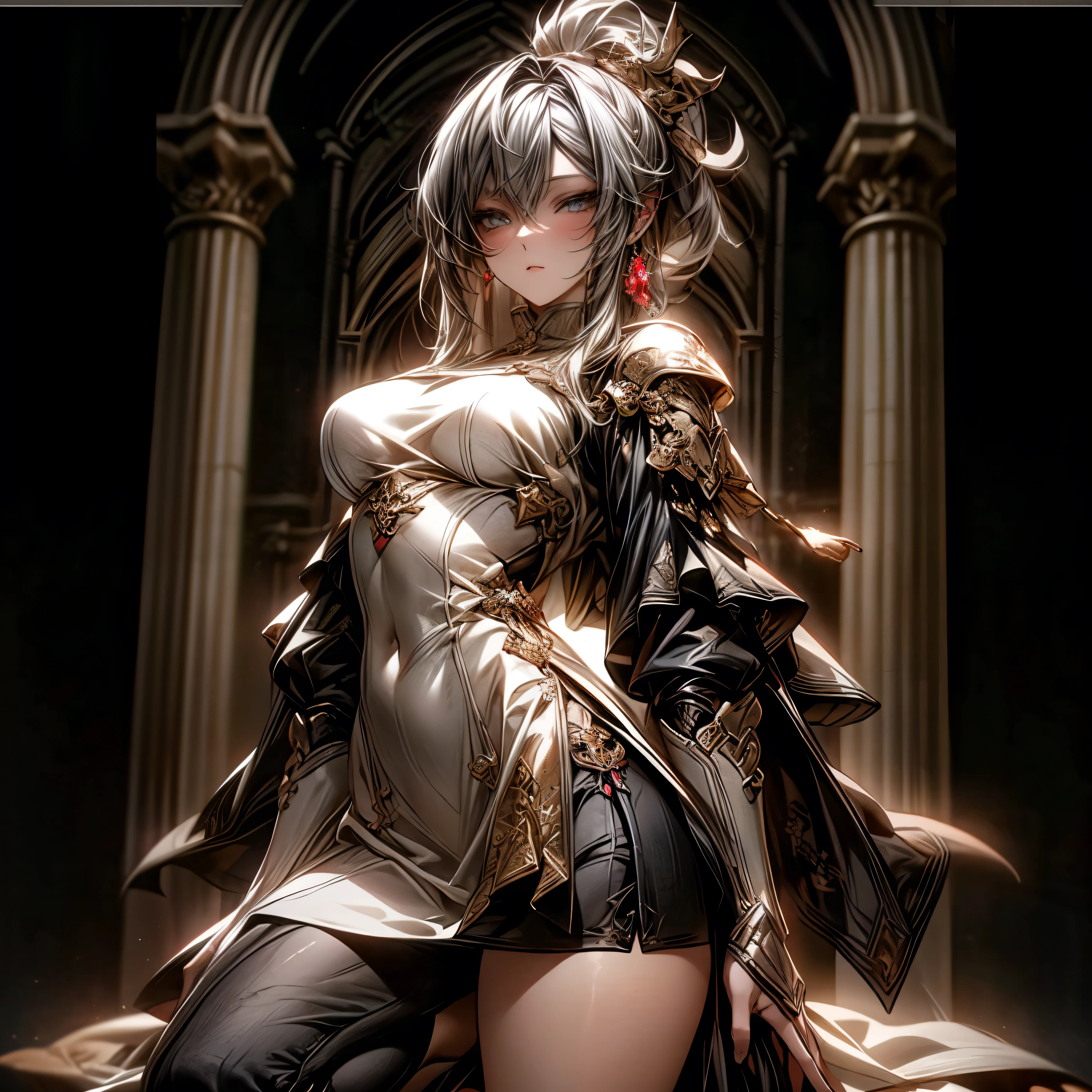 (best quality)), ((Masterpiece)), (details:1.4), 3d, HDR (high dynamic range), an image of a beautiful cyberpunk female, medieval, Black hair, High ponytail, Full body, Beautiful white eyes, จมูกโด่ง, ปากแดง, หน้าอกใหญ่, nvidia RTX, PBR surface, After processing, Anisotropic filtration,depth of field, Maximum clarity and clarity, multi-layered surface, Subsurface scattering, perfect proportions, 8K raw files, ultra detailed, Perfect proportions, volumetric lighting, soft lighting, Holy Paldin, Heavy Silver Armor, Golden dress, glossy skin, intricate Silver embroidery, Castle background, jewely, ต่างหู, นิ้วมือสมบูรณ์, mini Red skirt,