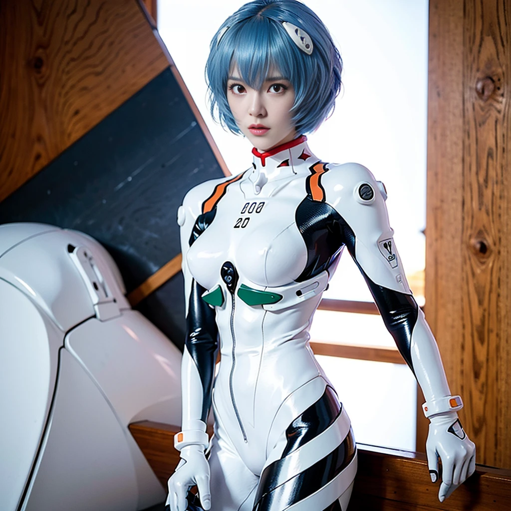 (8k, RAW photo, highest quality, refined details, Masterpiece: 1.2), (high resolution 8k wallpaper), sharp focus, professional lighting, depth of field, cinematic lighting, background blur, Evangelion Rei Ayanami. She is a Japanese woman with blue hair, (pale skin:1.5),(red eyes:1.5), and a white plug suit. Her futuristic background and realistic style with a cool look are her hallmarks. Quiet atmosphere like science fiction,full body,