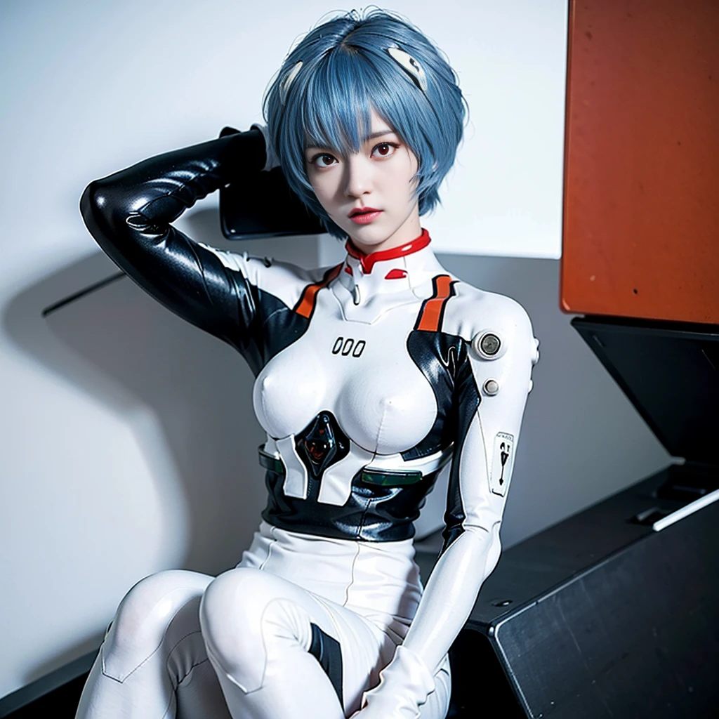 (8k, RAW photo, highest quality, refined details, Masterpiece: 1.2), (high resolution 8k wallpaper), sharp focus, professional lighting, depth of field, cinematic lighting, background blur, Evangelion Rei Ayanami. She is a Japanese woman with blue hair, (pale skin:1.5),(red eyes:1.5), and a white plug suit. Her futuristic background and realistic style with a cool look are her hallmarks. Quiet atmosphere like science fiction,full body,