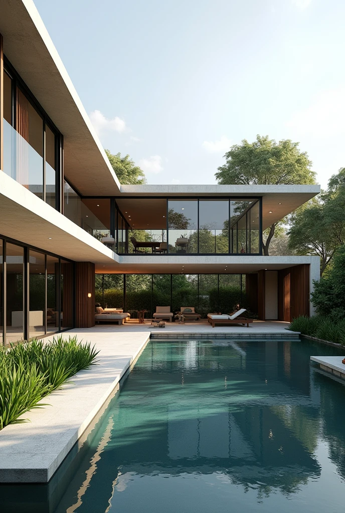 Exterior design, gourmet space with pool and garden in northeastern Brazil , with glass frames ,simple, modernist lines and ultra-realistic minimalist , 4K , ultra realistic render 16:9