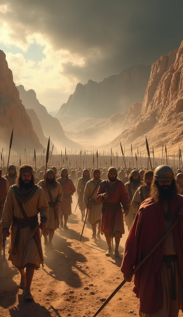Create an epic battle scene inspired by the biblical story of Jehoshaphat. O cenário deve mostrar um exército moabita massivo avançando em direção athe people of Jehoshaphat. The Moabite army is well armed, with shields, spears and swords, and wears clothing that reflects the ancient style of the region. Moabite soldiers are in attack formation, with determined and intense expressions.
On the opposite side, the people of Jehoshaphat, which is less numerous, is preparing for battle. They are in defensive positions, with rudimentary weapons and shields. The expressions on their faces should reflect courage and determination., despite the imminent threat. They are organized in a defensive formation, with an inspiring leader at the forefront, perhaps represented by a king or a spiritual leader.
The surrounding environment must be dramatic, with a turbulent sky and dark clouds reflecting the impending conflict. Add details of mountainous landscapes and arid terrain to capture the feel of a desert battle.
Incorporate elements of tension and action, like dust raised by the feet of soldiers and weapons brandished in the background. The image must convey the magnitude and urgency of the battle, with a clear focus on the impending confrontation between the two armies.