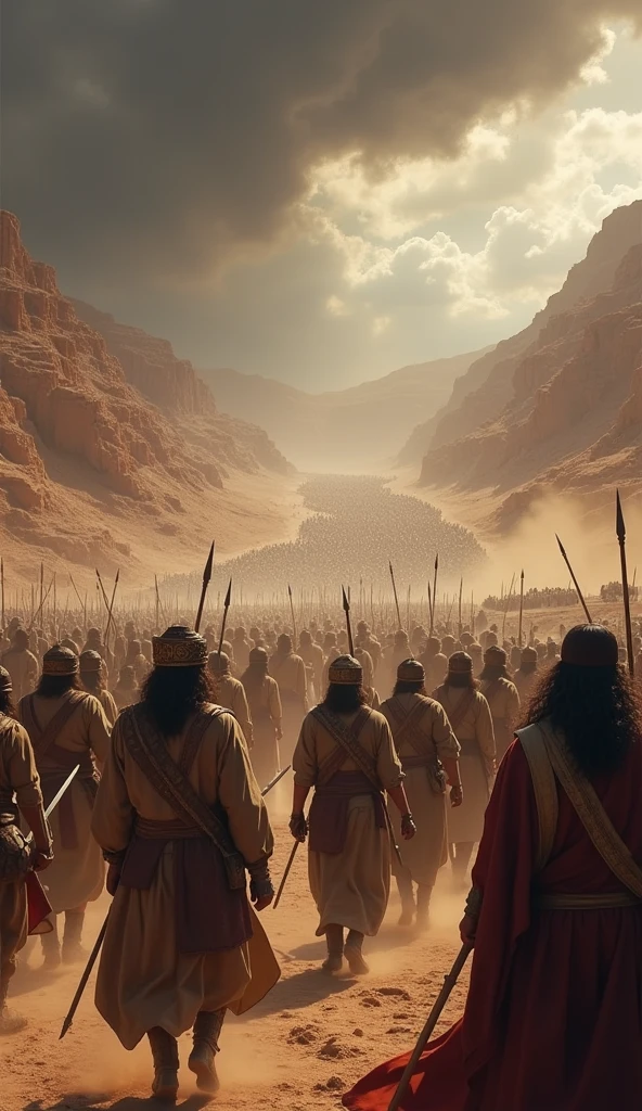Create an epic battle scene inspired by the biblical story of Jehoshaphat. O cenário deve mostrar um exército moabita massivo avançando em direção athe people of Jehoshaphat. The Moabite army is well armed, with shields, spears and swords, and wears clothing that reflects the ancient style of the region. Moabite soldiers are in attack formation, with determined and intense expressions.

On the opposite side, the people of Jehoshaphat, which is less numerous, is preparing for battle. They are in defensive positions, with rudimentary weapons and shields. The expressions on their faces should reflect courage and determination., despite the imminent threat. They are organized in a defensive formation, with an inspiring leader at the forefront, perhaps represented by a king or a spiritual leader.

The surrounding environment must be dramatic, with a turbulent sky and dark clouds reflecting the impending conflict. Add details of mountainous landscapes and arid terrain to capture the feel of a desert battle.

Incorporate elements of tension and action, like dust raised by the feet of soldiers and weapons brandished in the background. The image must convey the magnitude and urgency of the battle, with a clear focus on the impending confrontation between the two armies.