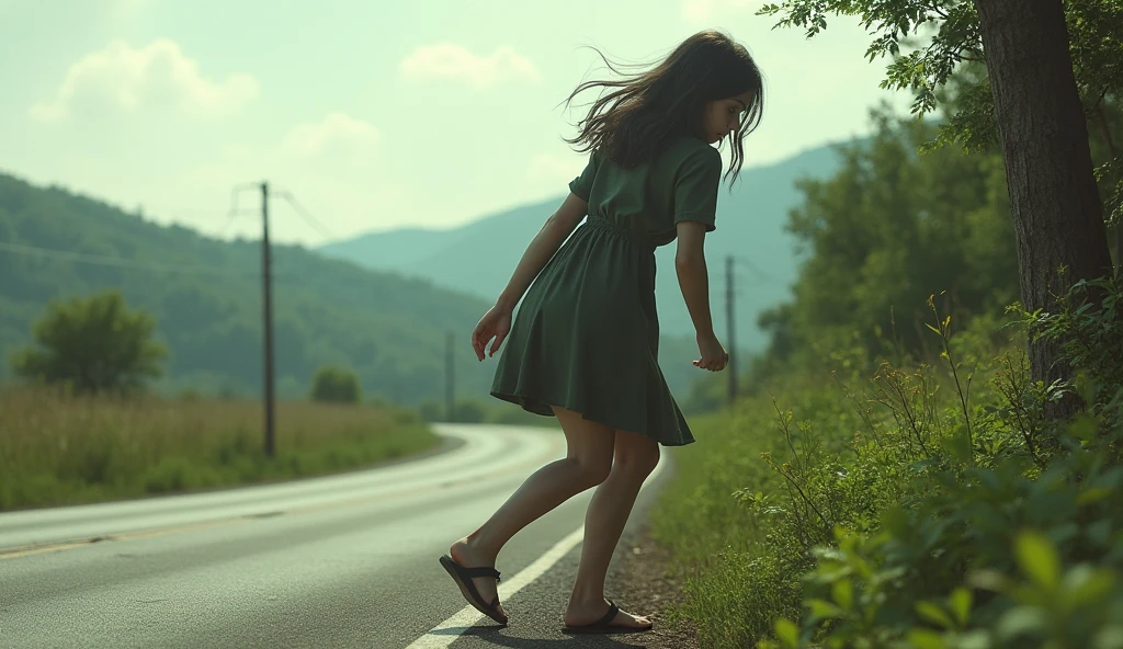 A beautiful girl going on road side with fear