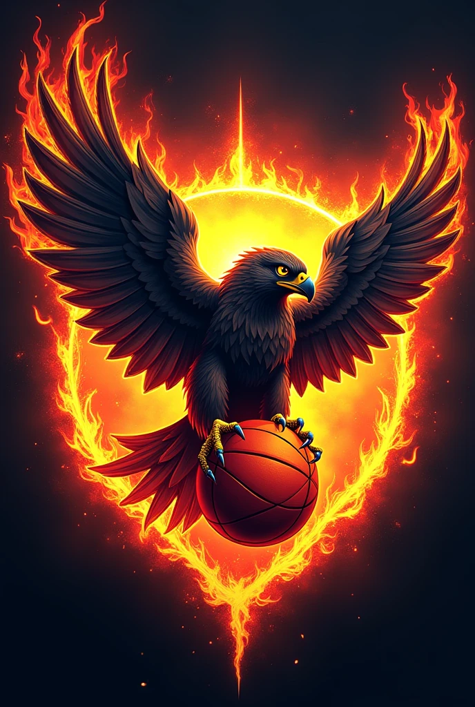 Basketball logo on Falcon on fire holding a basketball in his claws