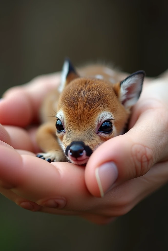 There is a small baby deer sitting in a person's hand, a tiny baby deer, a tiny animal, sitting on a finger, cute and cute, cute and cute, cute kitty, cute baby deer, the photo is very realistic, Very small, beautiful deer picture, just a neat little thing, cute little nose, beautiful and cute, beautiful creature, pretty cute, very detailed photo