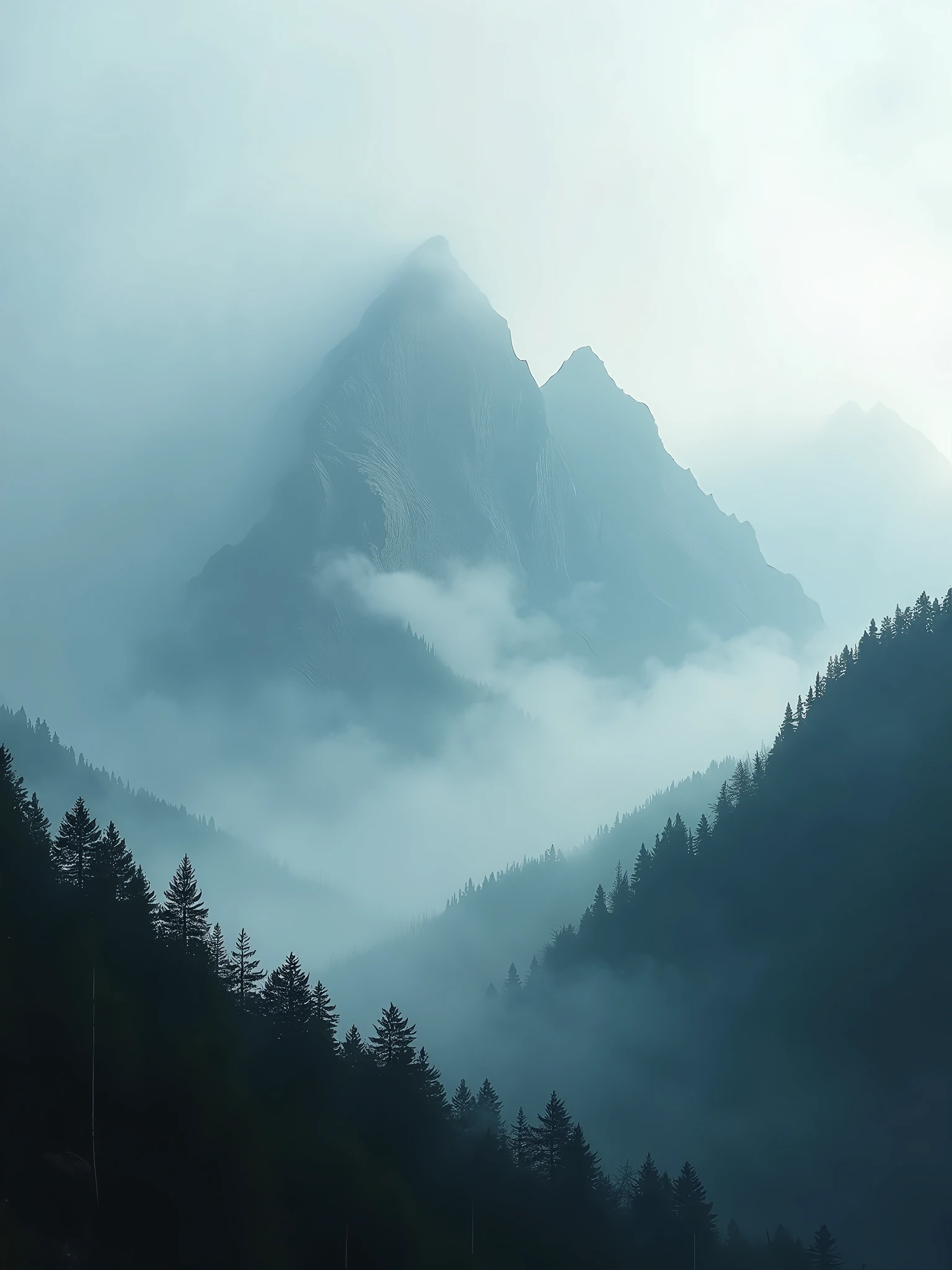A dramatic landscape of foggy mountains at dawn, with dense forested slopes partially obscured by thick mist. The scene features rugged, towering peaks emerging through the fog, creating a mysterious and atmospheric setting. The composition emphasizes subtle textures in the fog and the forest, capturing the ethereal interplay between light and shadow. The image is taken with a hazel-colored mirrorless camera using a telephoto lens, with deep focus to highlight the intricate details in the mist and foliage.