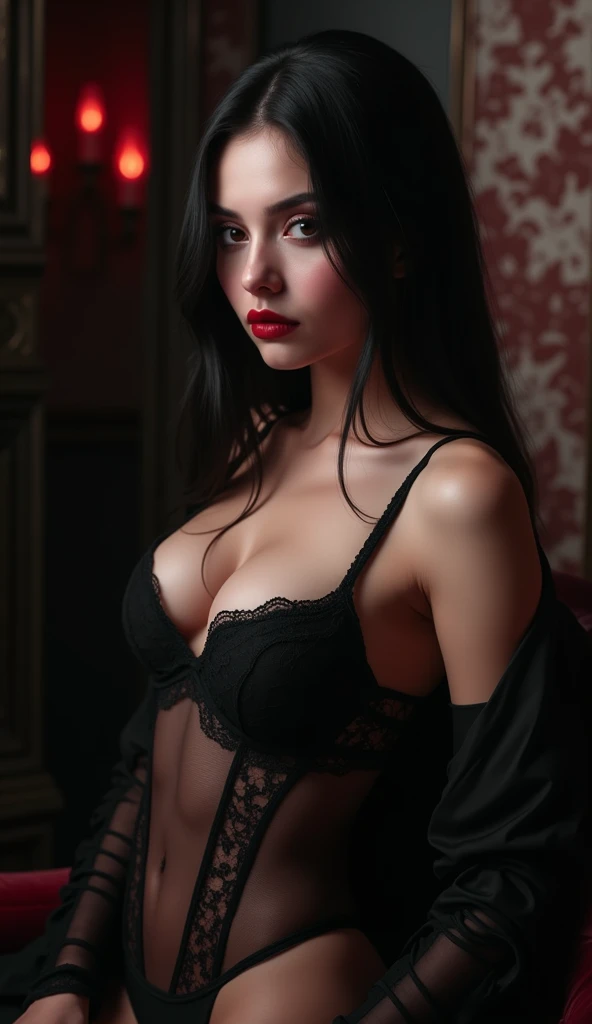 A beautiful vampire girl, extremely detailed face and eyes, long eyelashes, full body lingerie, dark dramatic atmosphere, moody lighting, chiaroscuro, gothic, mysterious, sensual, cinematic, dramatic shadows, deep black and red colors, dramatic lighting, high contrast, photorealistic, 8k, best quality, masterpiece