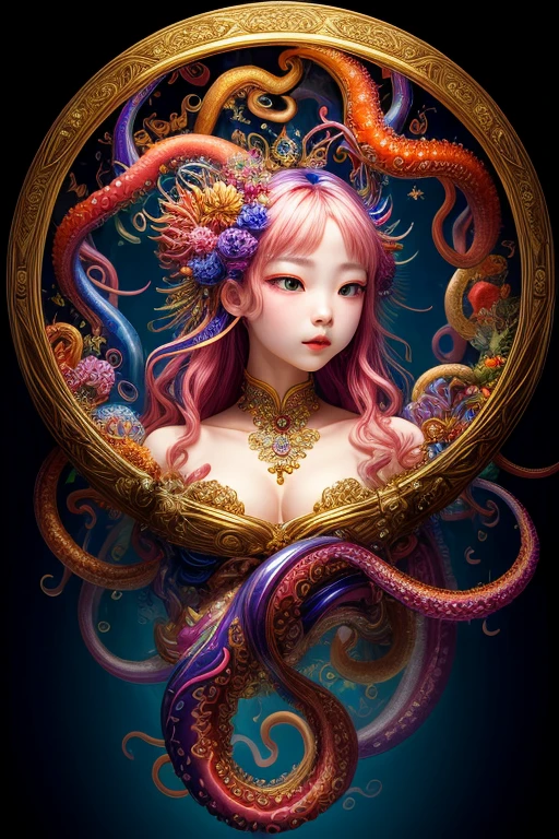 ((Highest quality)), ((masterpiece)), (detailed), One girl,Asia,20-year-old, Colorful tentacles, Floating, Constraints, Phantom Beast, Personification, Fantastically, Give it a dynamic feel, 背景をもっとfinely,Less exposure,More delicate,finely, finely, The background is colorful,Portrait,Be nostalgic