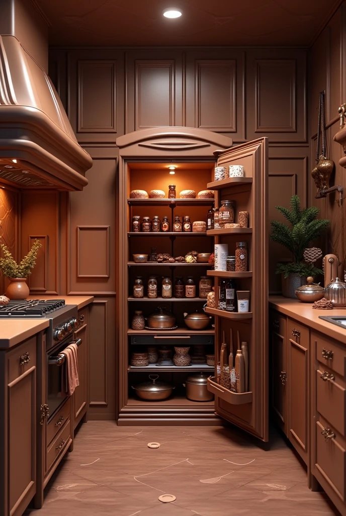 ((masterpiece, 8k, best quality, 8k, super realistic, high resolution:1.3)), Kitchen made of chocolate, open refrigerator, fridge full of chocolate, chocolate of various brands, chocolate knife, chocolate stove, chocolate pan, chocolate world.