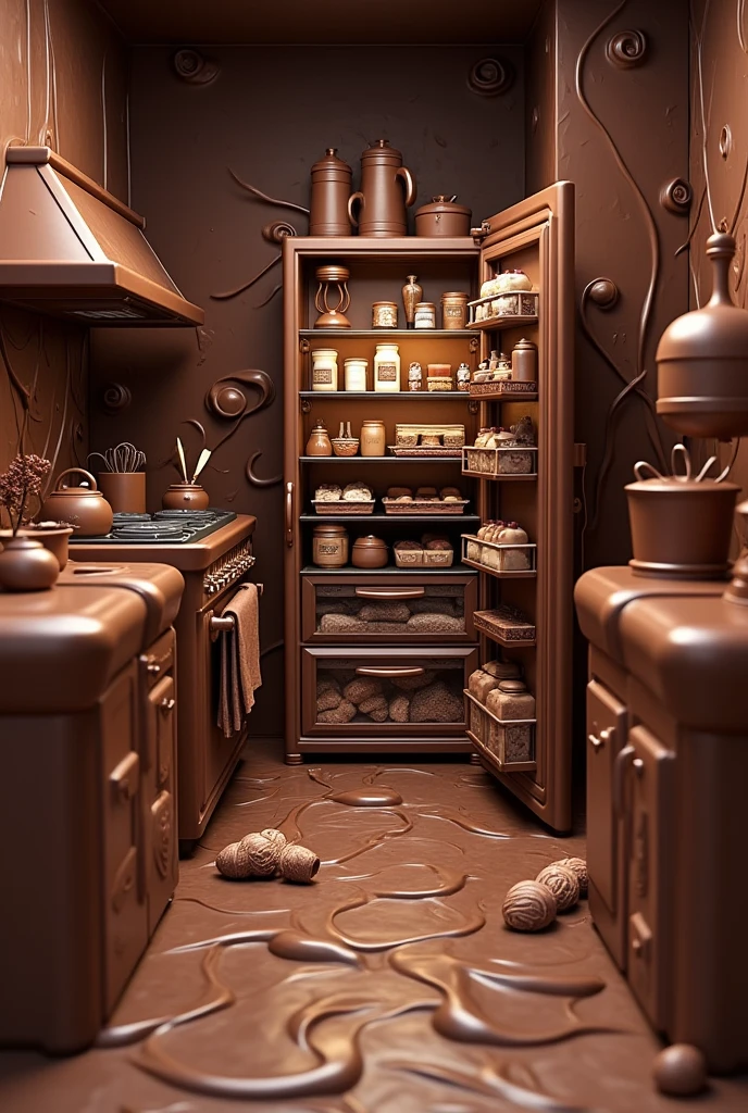 ((masterpiece, 8k, best quality, 8k, super realistic, high resolution:1.3)), Kitchen made of chocolate, open refrigerator, fridge full of chocolate, chocolate of various brands, chocolate knife, chocolate stove, chocolate pan, chocolate world.