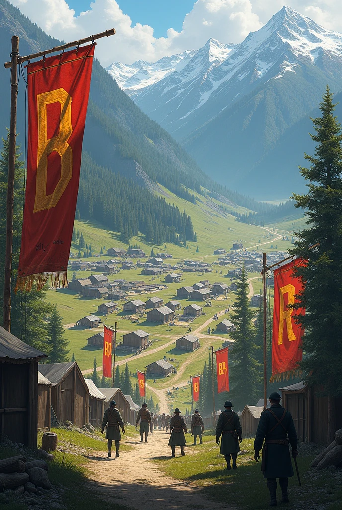 Generate a war camp in a beautiful landscape and everywhere are banners with a "B" on them
