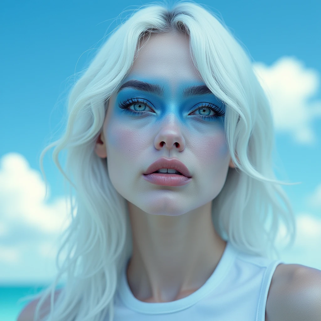 (photorealism:1.2), realistic frontal photography of a beautiful 20 year old girl, face painted with blue paint, with blue eyes, white hair, without makeup, without lipstick, pale complexion, looking at the camera with proud and haughty look, skin with some wrinkles. high detailed skin, skin pores, rim lighting, soft natural lighting, in the background blue sky with white clouds, dslr, ultra quality, sharp focus, tack sharp, dof, film grain, 8K UHD