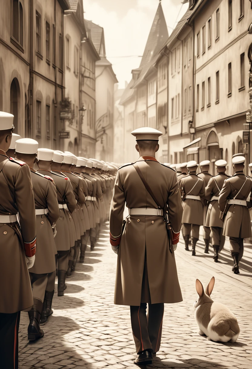 A rabbit watches the soldiers march、Former German soldiers march in formation down a beautiful street in Germany、The soldiers look desperate、、(Back shot of a rabbit with focus on the rabbit:1.2)、Sepia retro photo、
 Photorealistic、Masterpiece、Best Quality、4K，8k.Ultra Detail、Ultra-fine painting、Physically Based Rendering、Professional photo resolution、Award-winning photography、