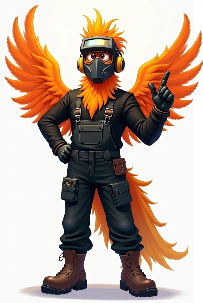 A Phoenix Hail, with a welding mask on his head, safety glasses, ear plugs, Security boots, gloves, black overalls and black long-sleeved shirt, cheered up, con una mano en la cintura y la otra señalando con el dedo meñique cheered up mirando hacia el frente
