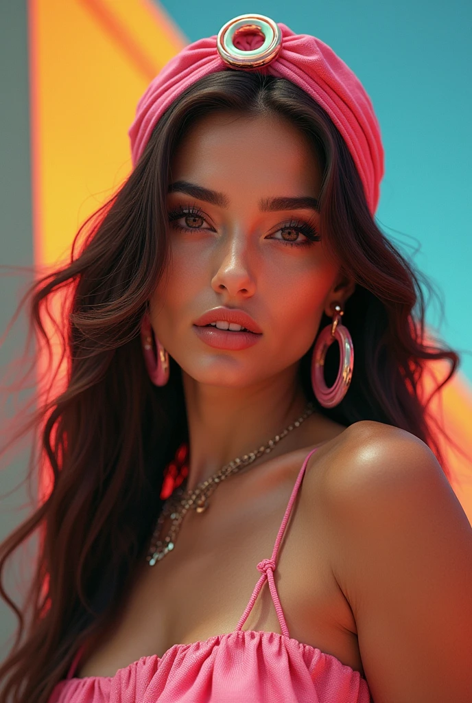 80s style woman with a fabric headband with a plastic accessory ring located in the middle, with earrings and hoop necklace of the same plastic material. The woman's hair is loose and brushed with a flat iron..