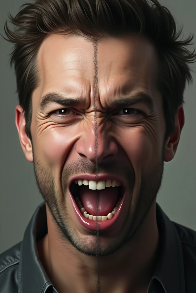 Create a man's face where half of the face shows a face in love and the other half shows a face full of hate.