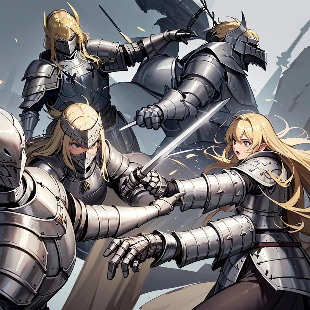 Highest quality, Best Quality, (((Blonde,long hair)))、Swordsman、(((Grey Armor、armor、Medieval Knight、woman、1)))、(White background)、Grab the sword、Movement angle、Run、、Deathblow、attack