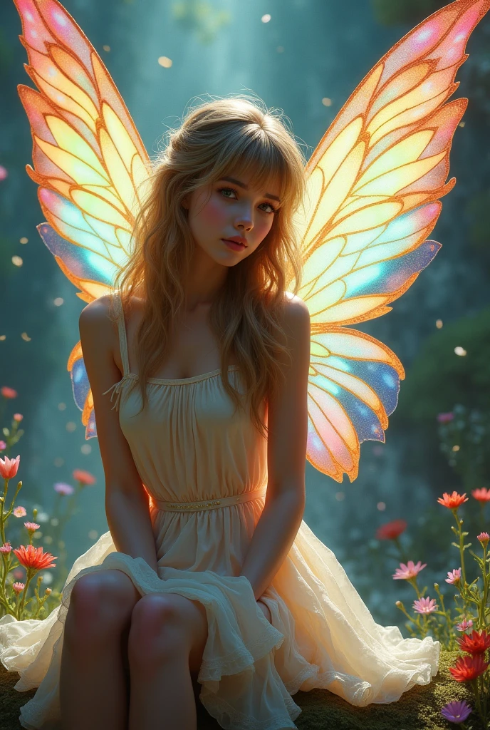 Realistic woman like a Fairy sitting, small dress, beautiful shy face, large colores wings, fantastic background, tinker bell, 2