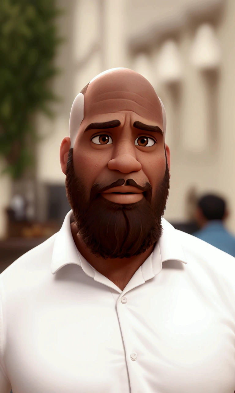 Create Pixar cartoon version of this image. Bald handsome brown man with a beard wearing a white shirt