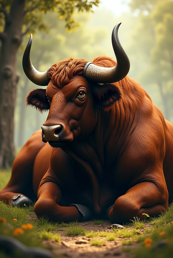 A bull sitt down 