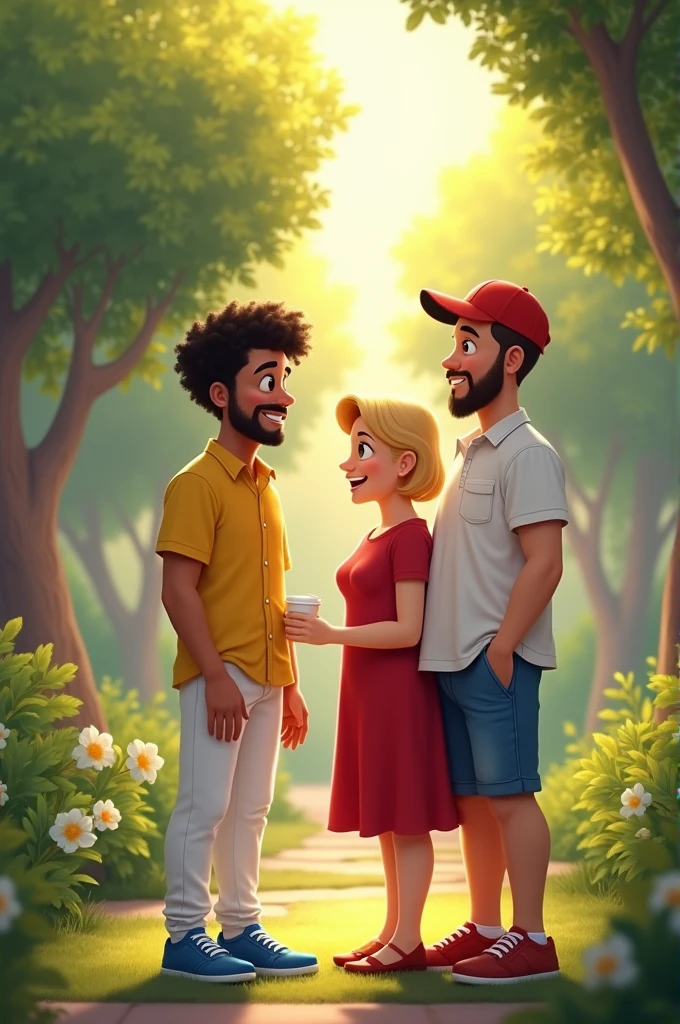 Here's the scene rewritten in English:

"The medium height, medium build white man with black short curly hair, white skin, brown eyes, and a goatee is wearing a yellow dress shirt, white pants, and blue sneakers. He is standing at the church's entrance, speaking with his mother, a short woman with medium-length blonde hair, wearing a red dress. Next to her is a white man with straight hair, wearing denim shorts and a red cap. The three of them are in the peaceful garden, engaged in a warm conversation as the evening light gently filters through the trees."