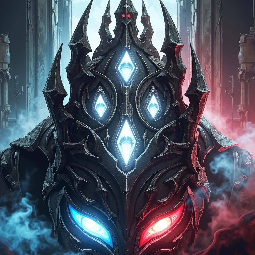 create a helmet with a crown embedded in the same helmet in the crown three diamonds, red eyes, in a dark and gloomy style in a tone between cold and warm