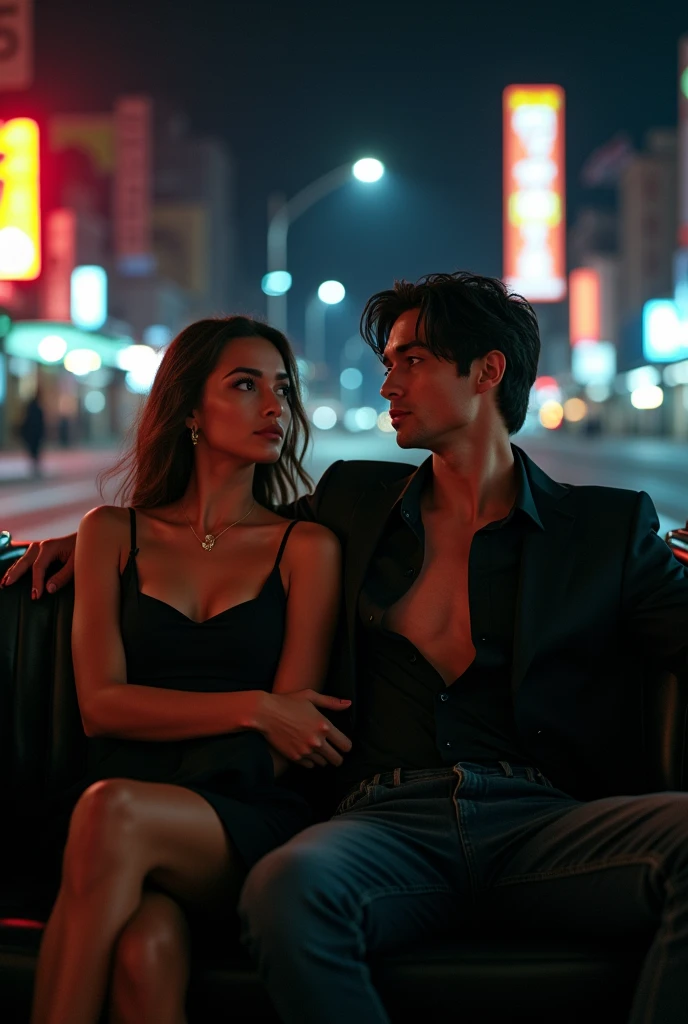 The girl who stands out the most in a simple black dress and the man with an open shirt wearing cloth pants and a black jacket are driving through the city after leaving the elegant bar