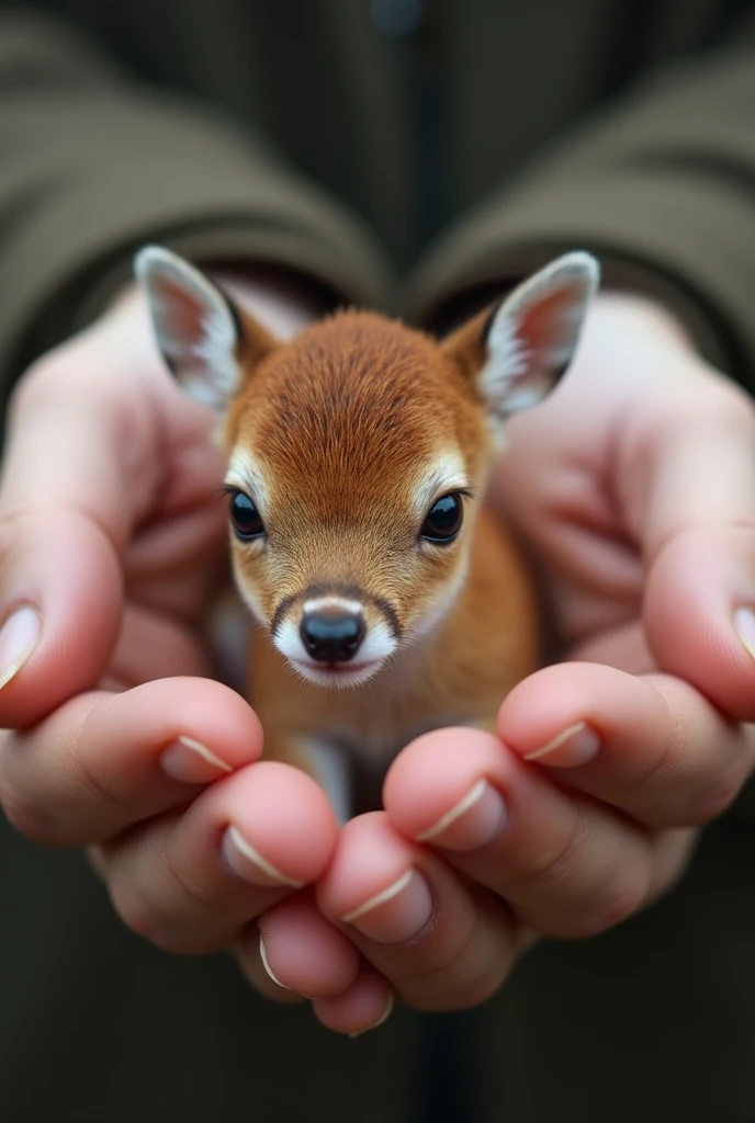 There is a  deer sitting in a person's hand, a tiny baby iny animal, sitting on a finger, cute and cute, cute and cute, cute kitty, cute baby deer, the phot very realistic,  Very small, beautiful deer picture, just a neat little thing, cute little nose, beautiful and cute, beautiful creature, pretty cute, very detailed photo