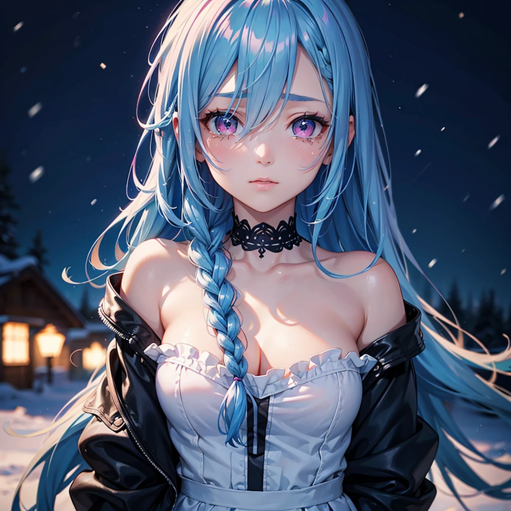 (Tying her sky blue hair into a single braid),(Pink Eyes),Fair skin,whole body,alone,Lonely face,tears,(Snowy Night),A lonely girl who got dumped just before Christmas,(masterpiece, Highest quality, Very detailed), Best Shadow,Detailed Background,Beautifully detailed face,High Contrast,Best lighting, Very delicate and beautiful,Cinematic Light,Hyper Detail,8k,Dramatic Light,Exquisite detail,
