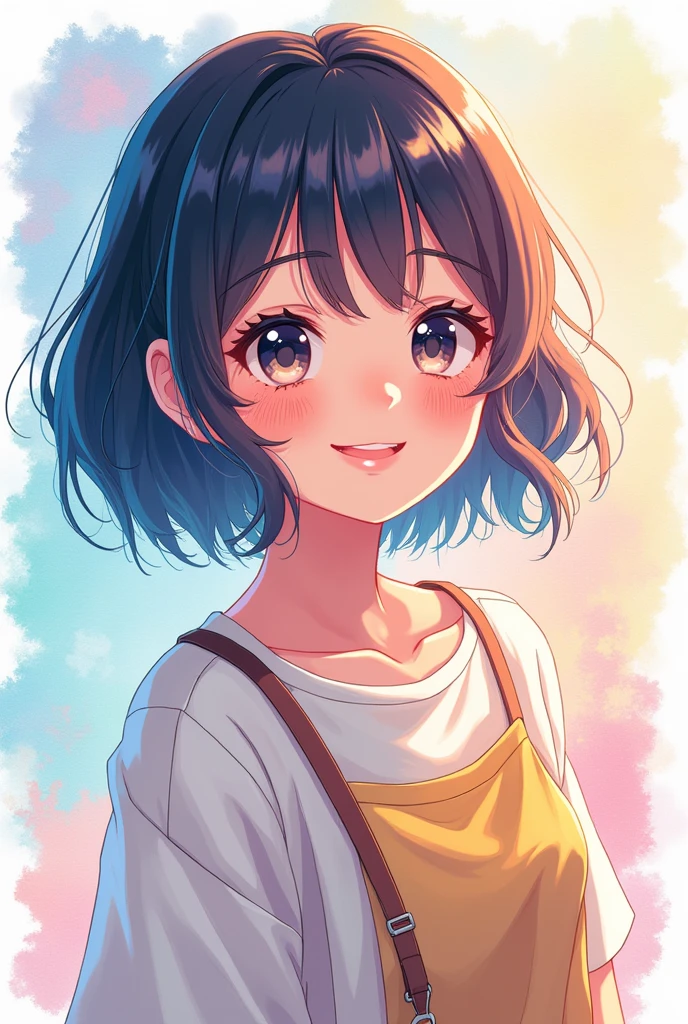 4k quality, Anime Style, masterpiece, watercolor, Cute Moe Animation, appease, neutral, Simple, Neat, Trending Fashion, Surprised expression, A kind smile, A shy smile, Anime Style Japanese hair, Clear Eyes, The finer details, Hip Hop Style, Dopamine Style, Cheerful girl. Wide-angle 2D animation, Flat color illustration drawn with thick lines, Sharp focus, charming character illustrations, Beautiful, bright and cool palette gradation, Perfect facial balance, Perfect Human Anatomy.