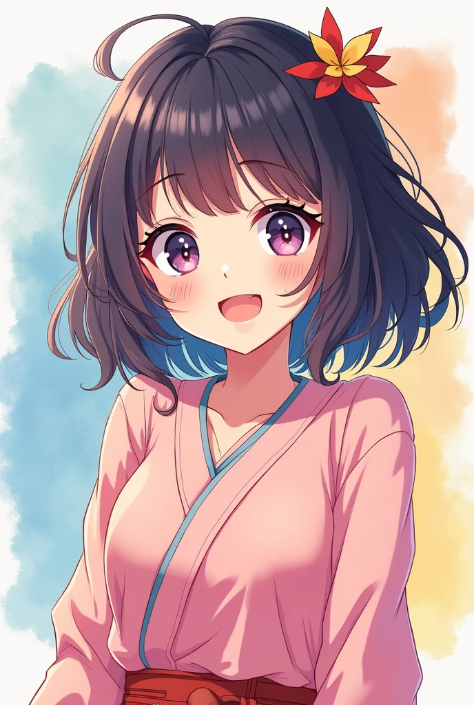 4k quality, Anime Style, masterpiece, watercolor, Cute Moe Animation, appease, neutral, Simple, Neat, Trending Fashion, Surprised expression, A kind smile, A shy smile, Anime Style Japanese hair, Clear Eyes, The finer details, Hip Hop Style, Dopamine Style, Cheerful girl. Wide-angle 2D animation, Flat color illustration drawn with thick lines, Sharp focus, charming character illustrations, Beautiful, bright and cool palette gradation, Perfect facial balance, Perfect Human Anatomy.