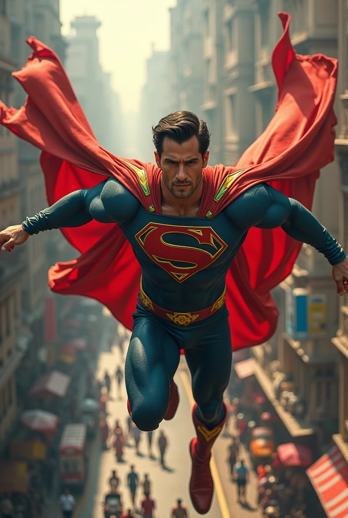 A superhero fliying over indian streets