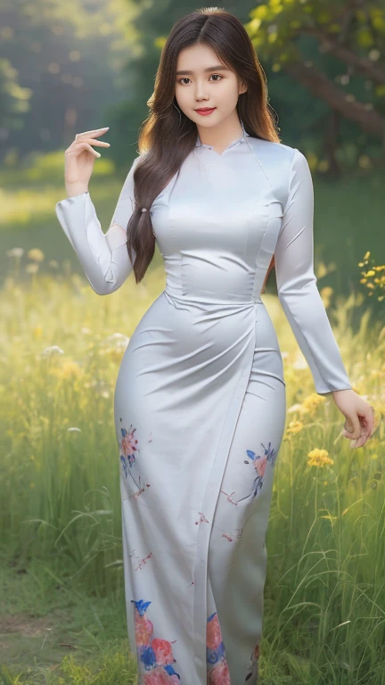 Attractive curvy full body Myanmar girl./ high hips / big hips / wide hips, not thin / thin / full body, full body suit of friends. ((Mostly colored silk dress)) A long dress painted with reflective flowers. A single outfit. ((full body))hi gh hips High resolution image Nature background High resolution HD 3D, 8K animated anim