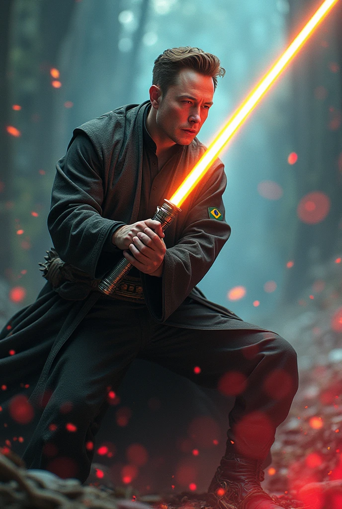 Image of Elon Musk wearing a Star Wars obi outfit with a Brazilian patch knocking Voldemort away
