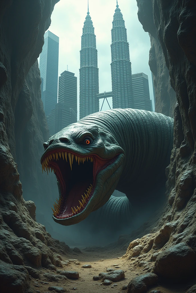 a massive underground death worm creature with huge sharp teeth, wriggling beneath the KLCC towers, detailed anatomy, extremely realistic, highly detailed, dark moody atmosphere, dramatic lighting, cinematic, masterpiece