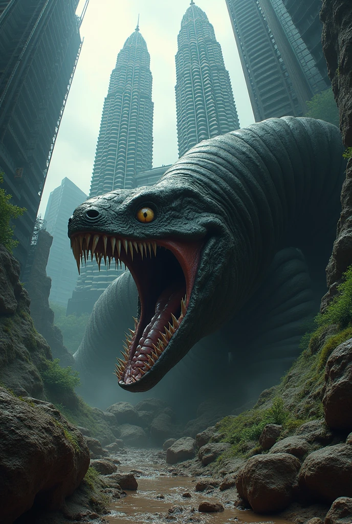 a massive underground death worm creature with huge sharp teeth, wriggling beneath the KLCC towers, detailed anatomy, extremely realistic, highly detailed, dark moody atmosphere, dramatic lighting, cinematic, masterpiece