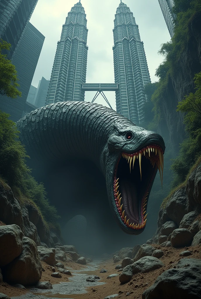 a massive underground death worm creature with huge sharp teeth, wriggling beneath the KLCC towers, detailed anatomy, extremely realistic, highly detailed, dark moody atmosphere, dramatic lighting, cinematic, masterpiece