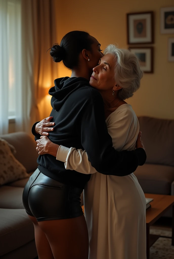 black woman hair in a bun black hoodie black leather short shorts getting fucked in the ass by a old age white grandma in a dress in a living room\