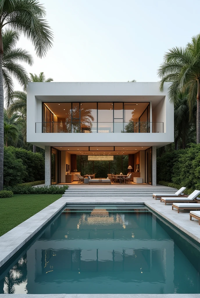 Exterior design, gourmet space with pool and garden in northeastern Brazil , with glass frames ,simple, modernist lines and ultra-realistic minimalist , 4K , ultra realistic render 16:9