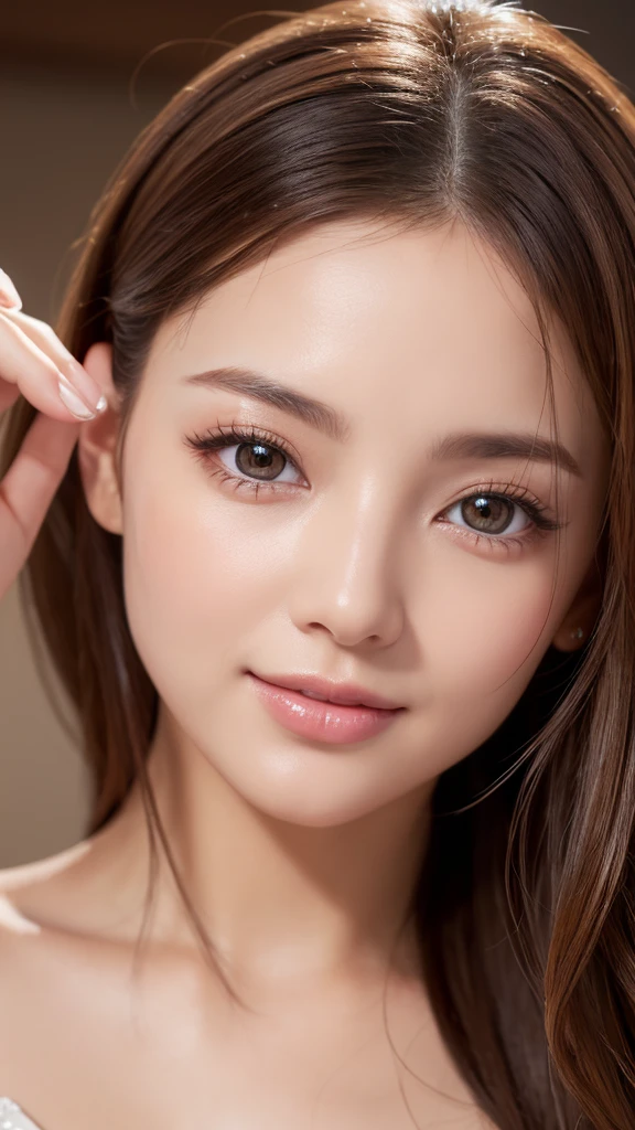 Her face is delicate and beautiful、The model's face、The eyes are small and beautiful、The nose is small and beautiful.、The ears are small and beautiful.、Detailed finger count、Detailed arm count、Detailed number of bars、The mouth is small and beautiful.、White teeth are fine and beautiful.、The skin is fine and beautiful、strip、Her figure is full of high quality and luxury elements..、Very detailed、Rendered in ultra-realistic 8K resolution。Perfect Face、Beautiful expression、Her beautiful eyes stand out、wet Brown hair、Large Breasts、Wear shiny clothes、The skin is perfect and beautiful、It's a professional work of art.、It has a luxurious feel that can be called a masterpiece..、Finished in the highest quality 4K。smile、Show white teeth、Beautiful teeth alignment、Full Body Shot、Sea view in the background、Lie on your back facing the camera、Lying down facing the camera、Please spread your legs for the camera、Spring sea、Stripper Costume、(Large Breasts),H-cup