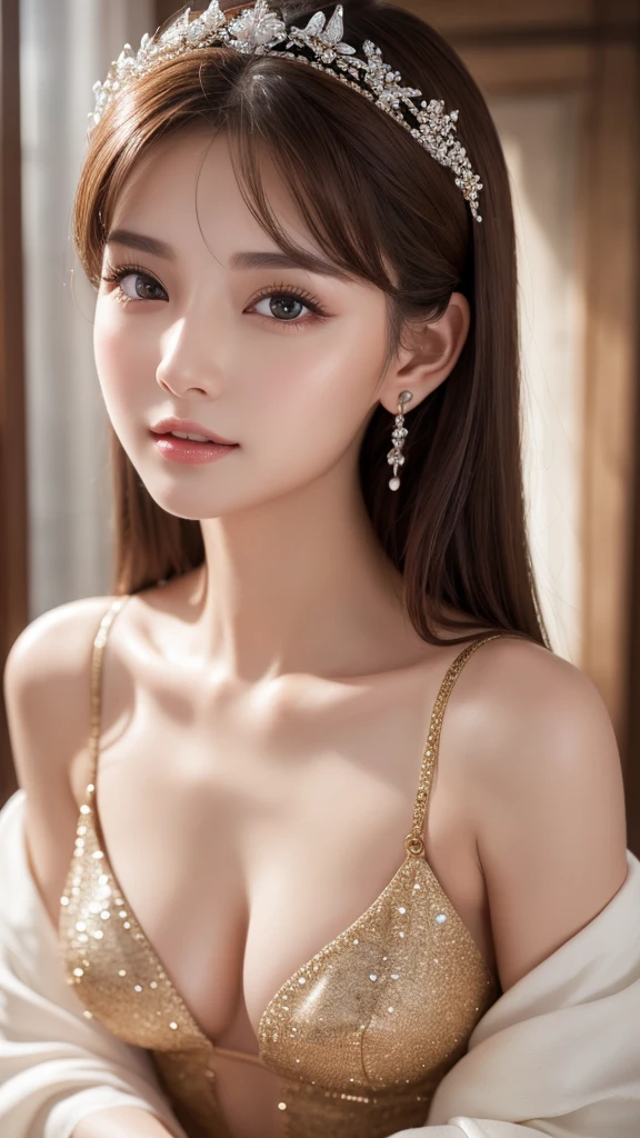 Her face is delicate and beautiful、The model's face、The eyes are small and beautiful、The nose is small and beautiful.、The ears are small and beautiful.、Detailed finger count、Detailed arm count、Detailed number of bars、The mouth is small and beautiful.、White teeth are fine and beautiful.、The skin is fine and beautiful、strip、Her figure is full of high quality and luxury elements..、Very detailed、Rendered in ultra-realistic 8K resolution。Perfect Face、Beautiful expression、Her beautiful eyes stand out、wet Brown hair、Large Breasts、Wear shiny clothes、The skin is perfect and beautiful、It's a professional work of art.、It has a luxurious feel that can be called a masterpiece..、Finished in the highest quality 4K。smile、Show white teeth、Beautiful teeth alignment、Full Body Shot、Sea view in the background、Lie on your back facing the camera、Lying down facing the camera、Please spread your legs for the camera、Spring sea、Stripper Costume、(Large Breasts),H-cup