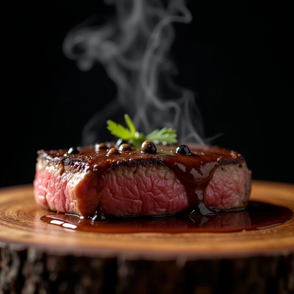 Steak recipe clean picture realistic food, steaming hot, peppercorn sauce on top of the steak and dripping off the side of the steak, on rustic wood floor, placed on a dark background, medium contrast 
