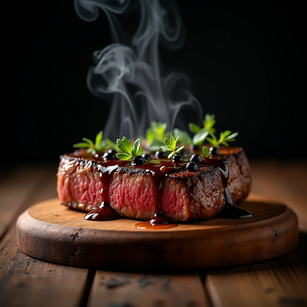 Steak recipe clean picture realistic food, steaming hot, peppercorn sauce on top of the steak and dripping off the side of the steak, on rustic wood floor, placed on a dark background, medium contrast