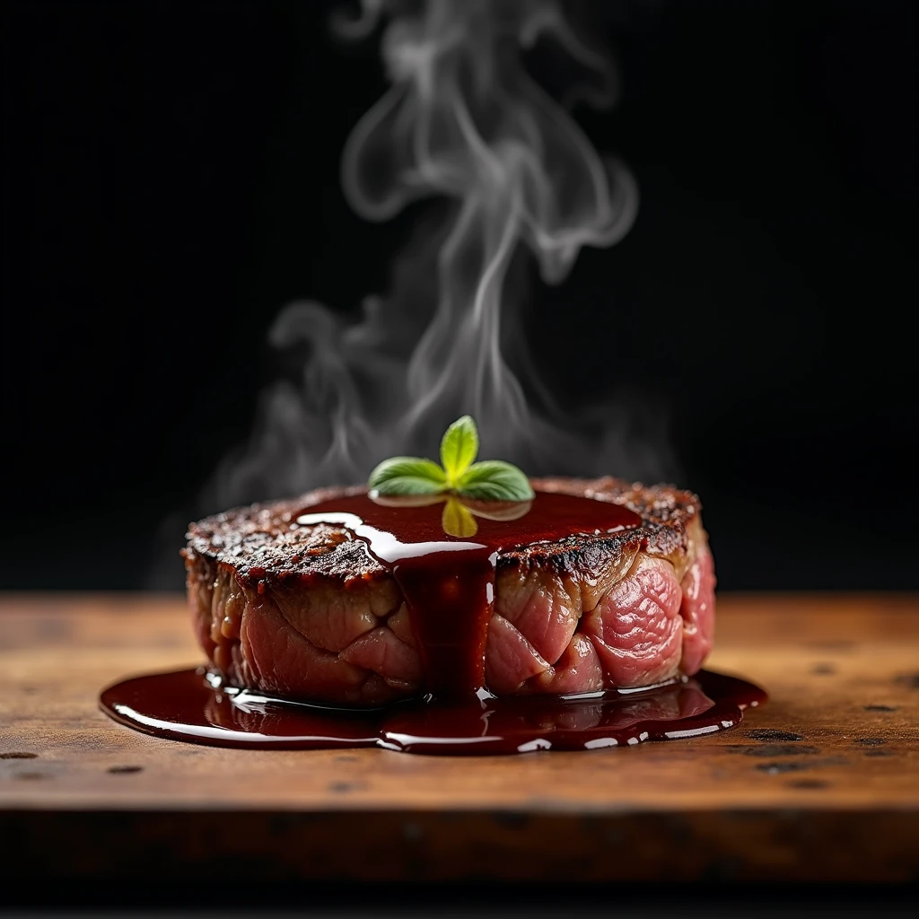 Steak recipe clean picture realistic food, steaming hot, peppercorn sauce on top of the steak and dripping off the side of the steak, on rustic wood floor, placed on a dark background, medium contrast 
