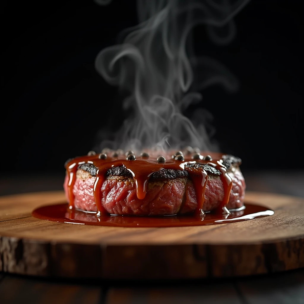 Steak recipe clean picture realistic food, steaming hot, peppercorn sauce on top of the steak and dripping off the side of the steak, on rustic wood floor, placed on a dark background, medium contrast 
