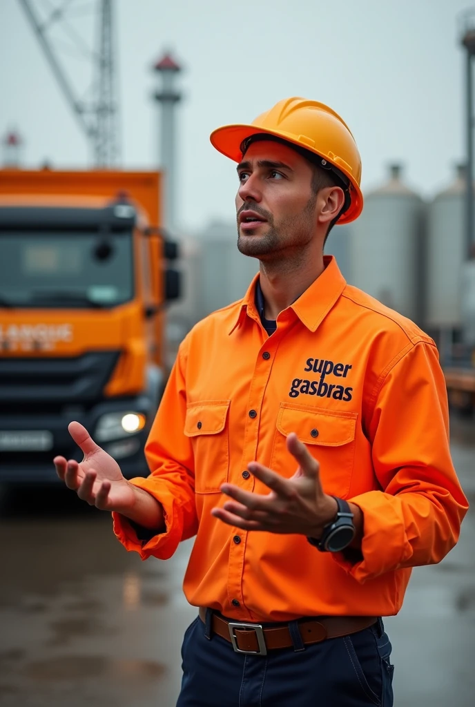 a man wearing an orange shirt with supergasbras written on it with a gas cylinder truck near a bottling plant and talking about safe work