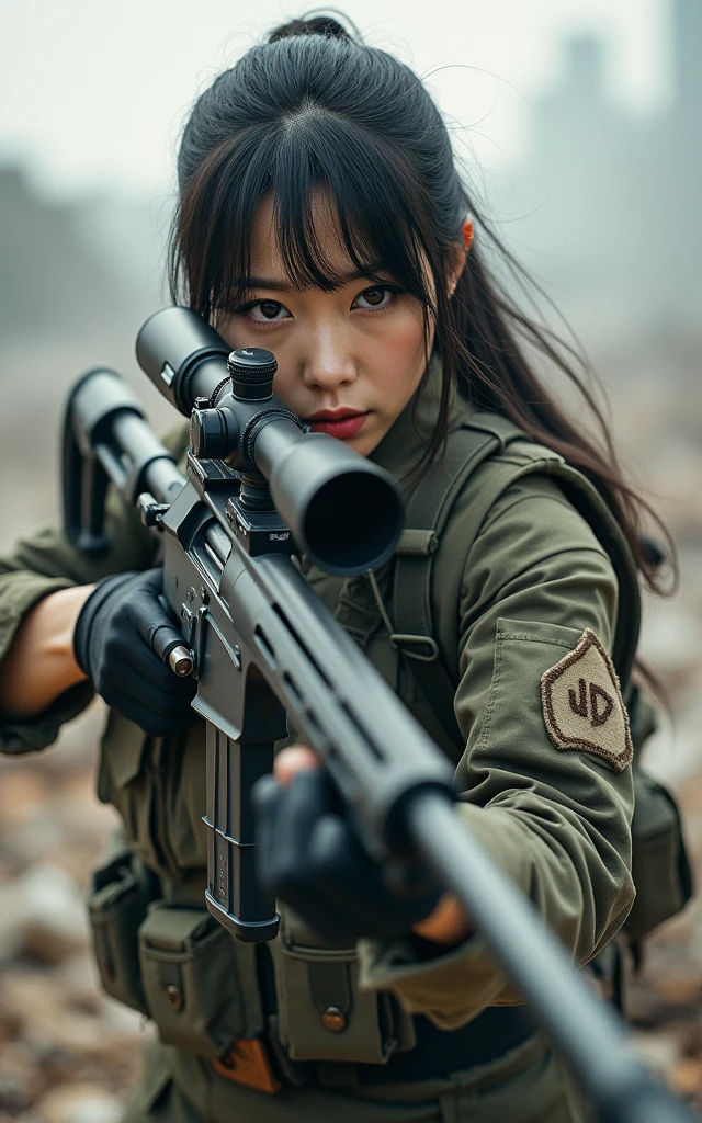 Ultra-high resolution，High-resolution details，Photo-real, Ultra-realistic, (1 Korean female sniper，Super beautiful，Super white skin), (fully armed，Ready to fight:1.5),  (Wearing Army paratrooper camouflage uniform), Large breasts, (Tactical Vest, Military wiring harness:1.3), (Military boots:1), Dynamic Angle, Spectacular,，Reality、Realistic skin texture、（Lying on the ground aiming with a sniper）98k、permanent、On the ruins、Smoke of war、Action poses and movements、full-body shot，panorama distant view，Wide-angle lens