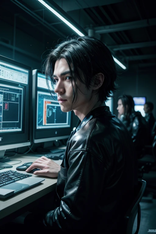 man creating games in the future with a room full of computers with people working for him in 2100, streaked hair, black hair, Surrealism, depth of field, cinematic lighting, drop shadow, UHD, accurate, super detail, highres