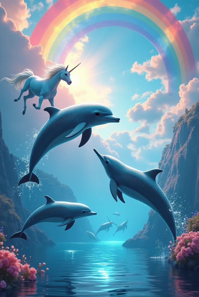 I want some dolphins with lots of rainbows and some unicorns to come out