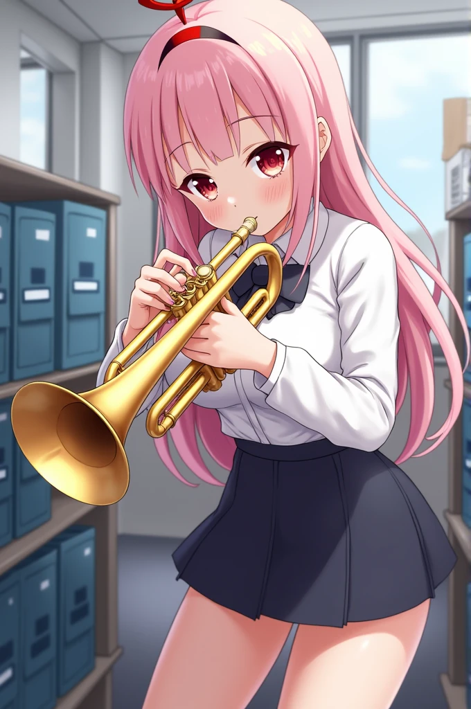 masterpiece, Excellent)), (1 Girl), (()), Light pink hair, Halo, trumpet, ((office Lady)), Bangs, Large Breasts, (plump), Slim, Smile, [Wide hips], office, permanent, Got it \ (Blue Files),